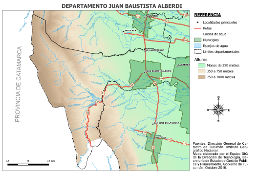 Mapa del departamento Juan Bautista Alberdi. Ubicación del municipio. Alturas sobre nivel del mar.