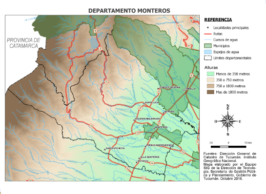 Mapa del departamento Monteros. Ubicación del municipio. Alturas sobre nivel del mar.
