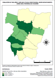 Mapa población con tres años y más que utilizan computadora,  por departamento, censo 2010