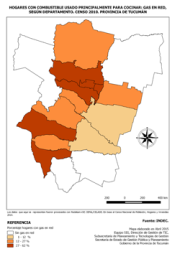 Mapa combustible usado principalmente para cocinar: gas en red. Por departamento, censo 2010