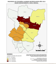 Mapa alumnos matriculados en el nivel inicial, por departamento, 2015