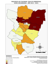 Mapa tasa de sobreedad nivel secundario, por departamento, 2015