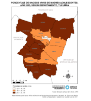 Mapa porcentaje de nacidos vivos de madres adolescentes, año 2013, según departamento, Tucumán