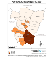 Mapa tasa de mortalidad infantil 2011-2013, según departamento, Tucumán