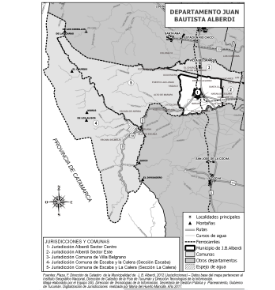 Mapa departamental de Juan Baustita Alberdi, con jurisdicciones y comunas.