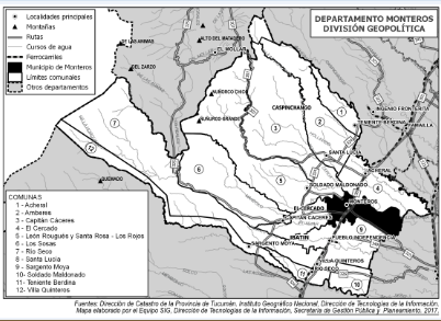 Mapa departamento Monteros, Tucumán. División geopolítica.
