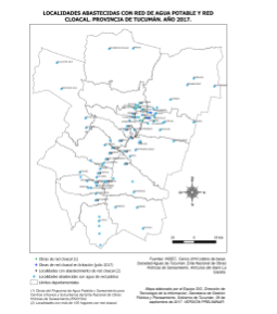 Mapa localidades con red de agua potable y red de cloacas, año 2017, Tucumán