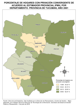 Mapa con el porcentaje de hogares con privación convergente de acuerdo al IPMH, por departamento, 2001, Tucumán Mapa con el porcentaje de hogares con privación convergente de acuerdo al IPMH, por departamento, 2001, Tucumán