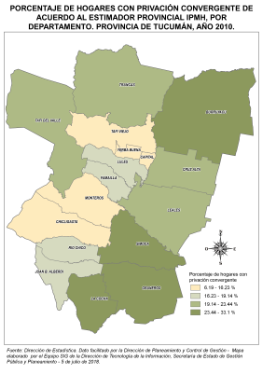 Mapa con el porcentaje de hogares con privación convergente de acuerdo al IPMH, por departamento, 2010, Tucumán Mapa con el porcentaje de hogares con privación convergente de acuerdo al IPMH, por departamento, 2010, Tucumán