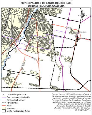 Mapa Municipalidad de Banda del Río Salí, infraestructura gasífera