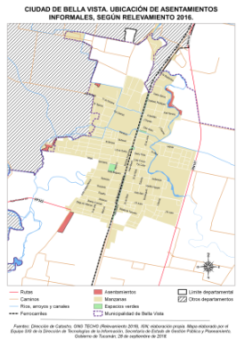 Plano de la ciudad de Bella Vista, ubicación de asentamientos, departamento Leales