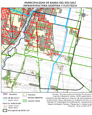 Mapa Municipalidad de Banda del Río Salí, infraestructura gasífera y eléctrica