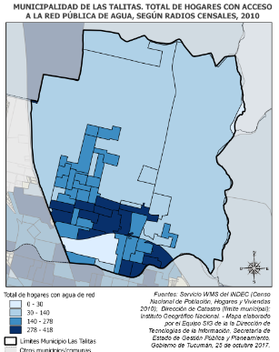 Mapa Municipio Las Talitas, total de hogares con acceso a la red pública de agua, según radios censales 2010