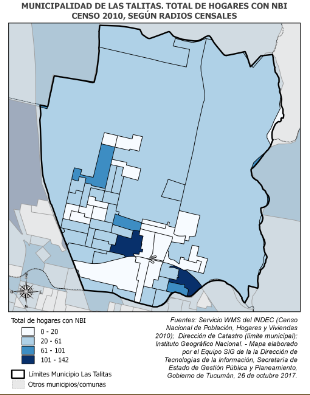 Mapa Municipalidad de Las Talitas, total de hogares con NBI censo 2010