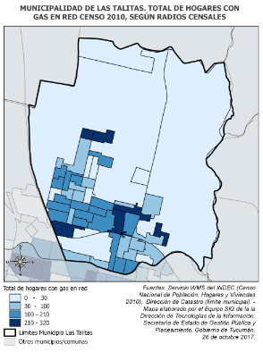 Mapa Municipalidad de Las Talitas, total de hogares con gas en red, censo 2010